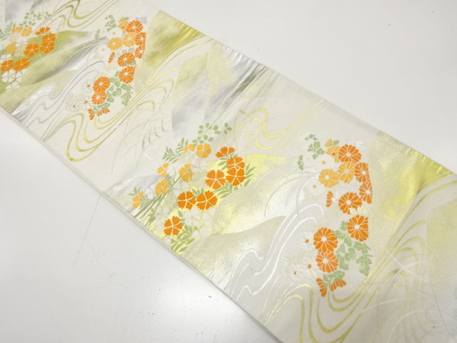 JAPANESE KIMONO / ANTIQUE FUKURO OBI / WOVEN KIKU & FLOWER